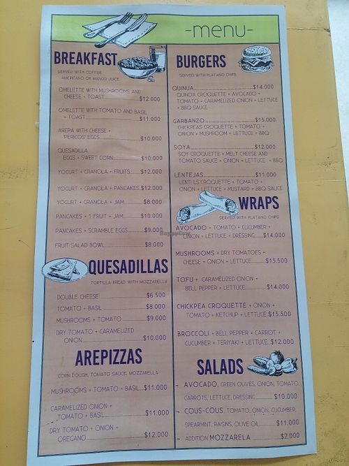 Menu  at Cafe Tropico in Taganga