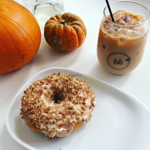 Maple and pecan donut with strawberry latte at Blanche Bakery in Cardiff