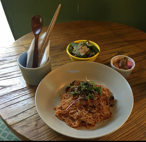mushroom rice noodle - served cold - taste spicy chili and sweet  at Slunch Factory - 슬런치 팩토리 in Seoul