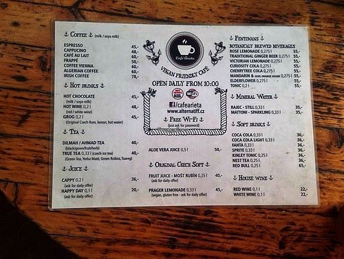 the menu at Cafe Arieta in Prague