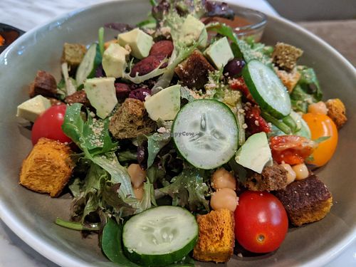 Real Food Mix salad with homemade croutons, chickpeas, olives, and other surprises like almond and sun dried tomatoes, with assorted veggies and dressing on side at Real Food 真食 - South Beach in Central Singapore