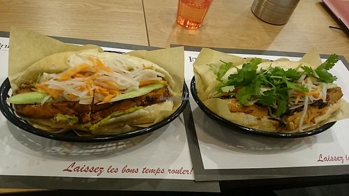Yummy Buddhist vegetarian bahn mi sandwich with lots of coriander and delicious normal vegetarian bahn mi sandwich without coriander! at Lagniappe in Seongnam