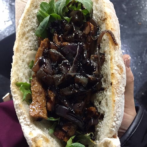 AMAZING smoked mheat wrap with caramelised balsamic onions at Sgaia's Vegan Mheat in Paisley