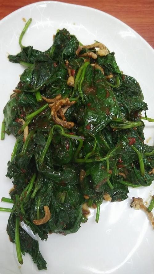 Sweet potatoes leaves with sambal at Green Lane Vegetarian Food in North Singapore