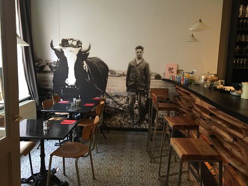 The wooden counter. at De Plaats in Bruges