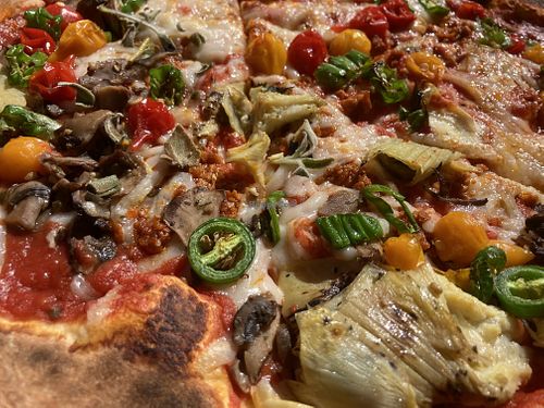 Loaded vegan pizza! at Peekaboo Canyon Wood Fired Kitchen in Kanab