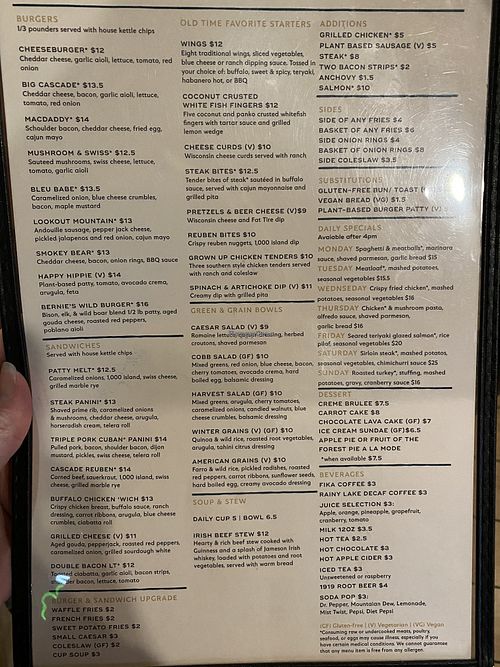 Menu 2020 at Cascade Restaurant in Lutsen