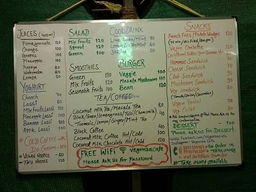 Lots of choices on the menu at Veganza Cafe in Auroville