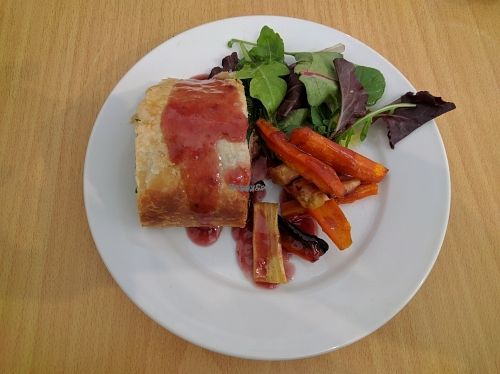 Wellington with roasted vegetables and red wine jus. at Crazy Bean Cafe in Great Bookham