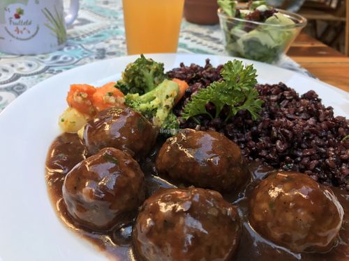 Mushroom meatballs in gravy at Frutteto Cozinha Artesanal in Recife