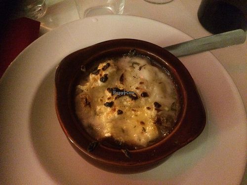 vegan french onion soup.  Perfectly prepared.   at Delice & Sarrasin in New York City