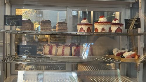 Fraisier cake is as good as the show was. But I don’t know what to do with these tossed salads and scrambled tofu    at Delice & Sarrasin in New York City