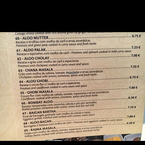 veg dishes 61-69 at Masala House in Portimao