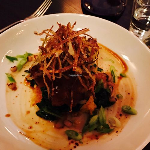 BBQ tempeh with corn bread pudding  at Modern Love in Brooklyn