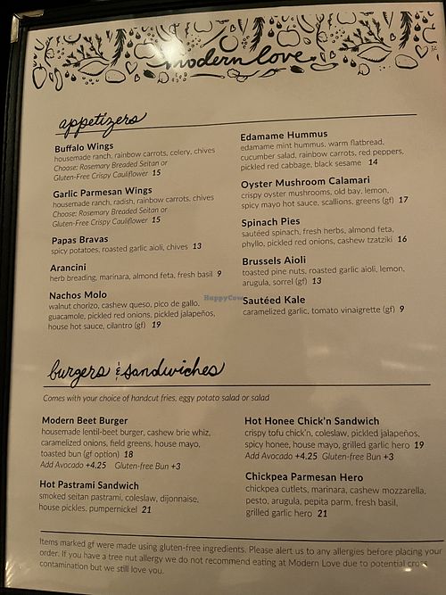 Menu   at Modern Love in Brooklyn