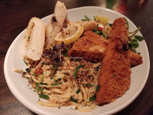 Pasta alfredo with tofu fried chicken at Modern Love in Brooklyn