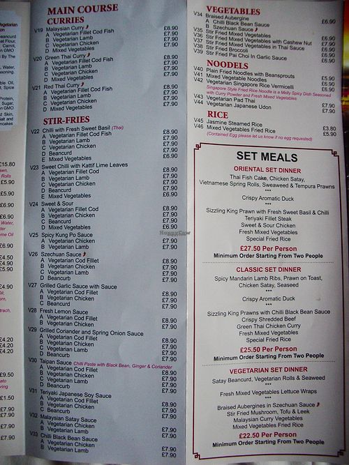 Menu at The Oriental Tree in West London