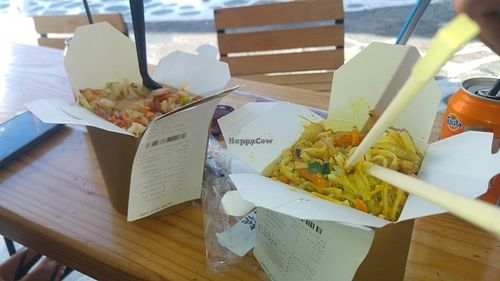 curry and coconut cream, and sweet chilly noodles  at Noodle Mykonos in Mykonos