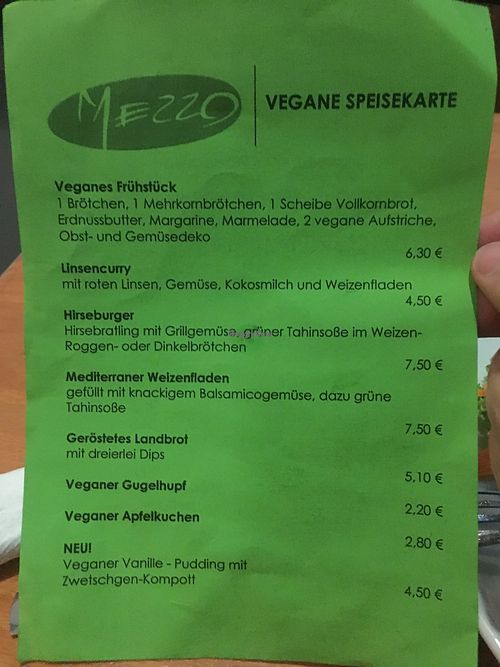 Vegan Speisekarte at Mezzo  in Hannover