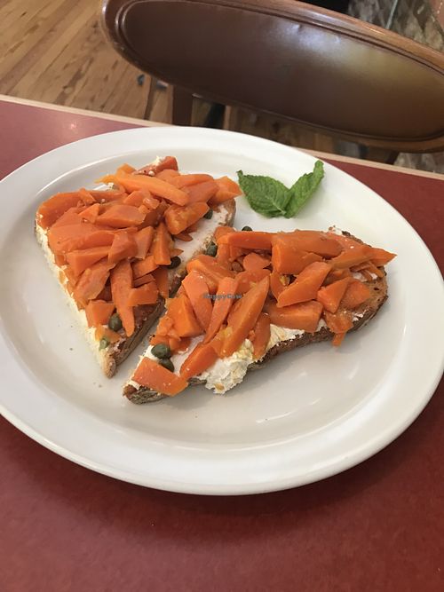 The “Lox” toast, made of carrots and cashew cream.  at Flora Kitchenette in Louisville