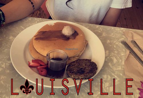 Pancakes with vegan sausage  at Flora Kitchenette in Louisville
