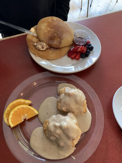 Biscuits and gravy plus pancakes  at Flora Kitchenette in Louisville