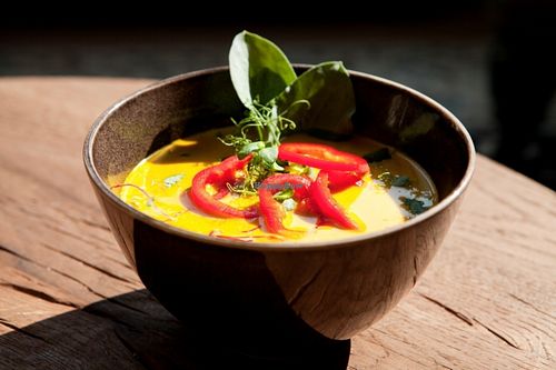 Cocunat curry with red rice, lime leaf,  rangiri vegetables (spicy) at Cafe Sage in Amsterdam