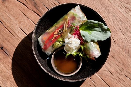 Rice paper rolls with seasonal veggies, green herbs, and sesame at Cafe Sage in Amsterdam