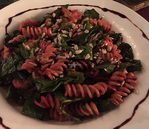 Integral pasta with beets brocoli and sunflower seeds at Sirena Morena in Cancun