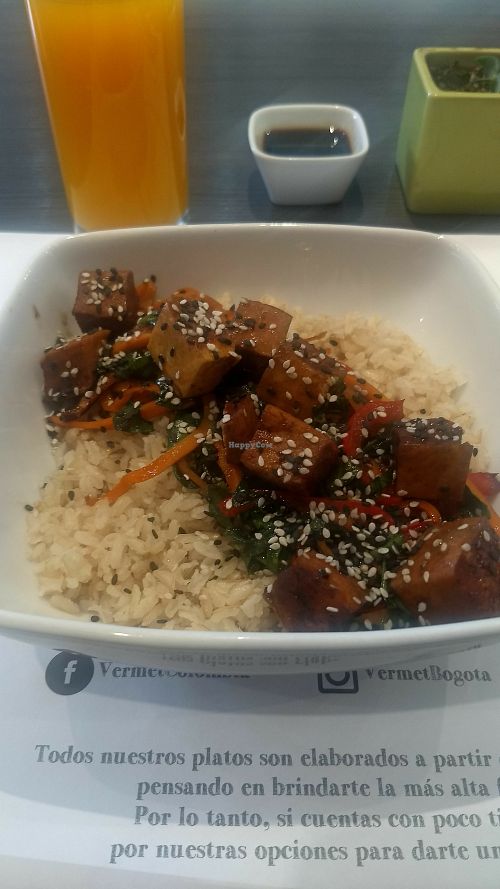Vegetarian option - whole rice, salted vegetables and tofu. at Vermet in Bogota