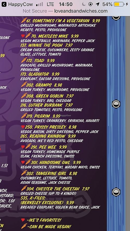 The veggie part of their menu at Ike's in Berkeley