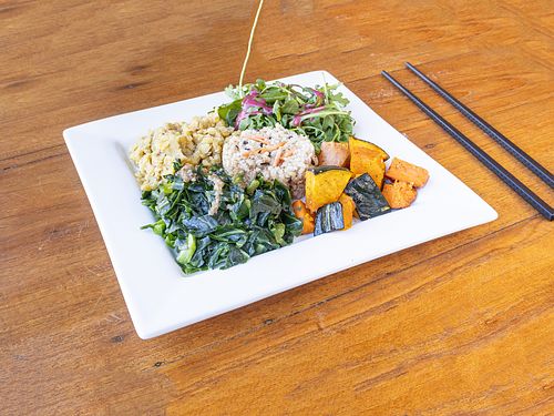Macrobiotics plate, comes with a bowl of mix-veg lentil miso soup. at Cafe Tibet in Berkeley