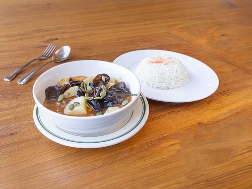 Thing Tsechu: Tofu, mushroom, bean thread noodle, & potato with a side of rice. at Cafe Tibet in Berkeley