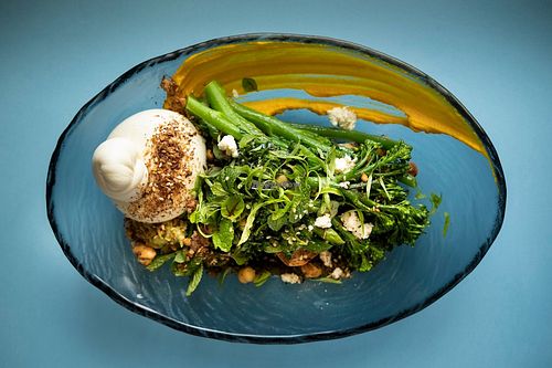 white miso braised greens, smoked carrot mousse and vegan burrata at Wholefoods Merchant in Melbourne