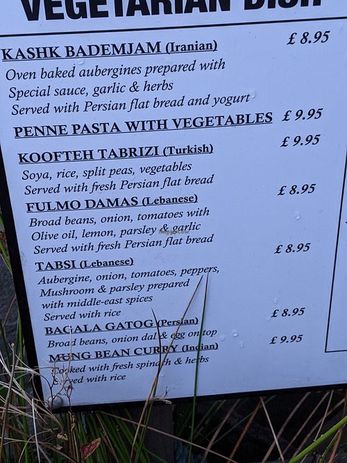Snapshot of menu - all vegetarian items can be made vegan at Chechecks  in Aberfeldy