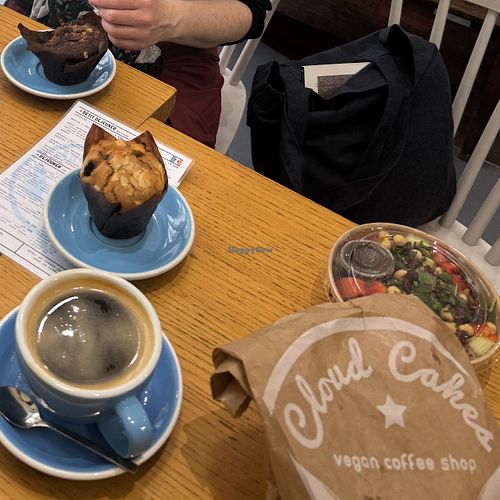 Coffee and vegan muffins, pastries in the bag and takeaway salad to keep us well fed on our train journey. at Cloud Cakes - Mandar in Paris