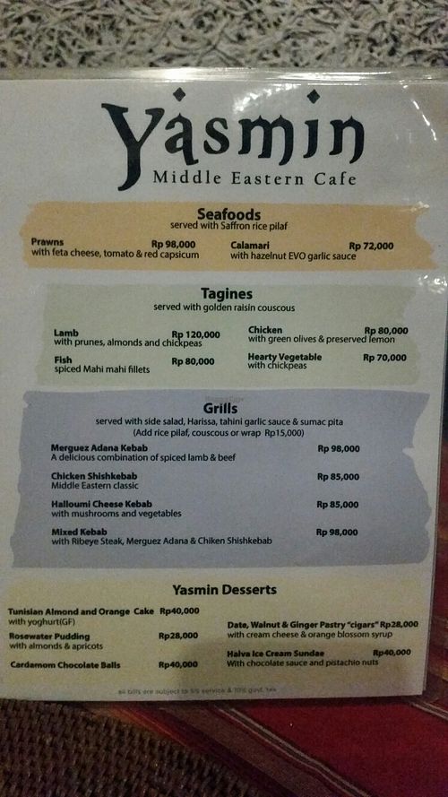 menu  at Yasmin Middle Eastern Cafe in Ubud