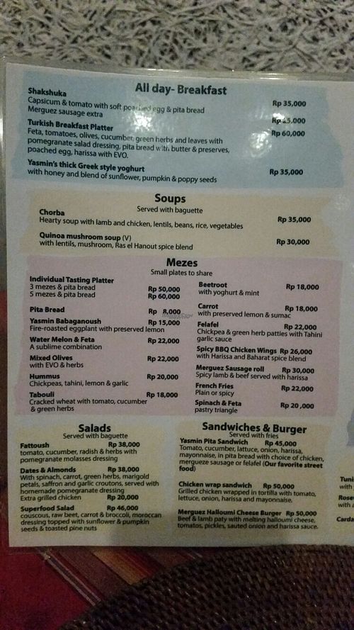menu at Yasmin Middle Eastern Cafe in Ubud