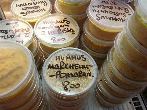 Fresh variety of hummus at Stragan Ekologiczny in Krakow