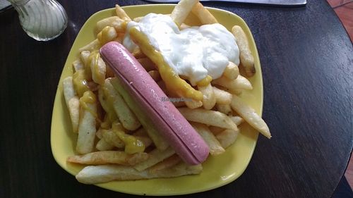 Salchipapas with vegan mayo at Dharma Vegetariano in Iquique