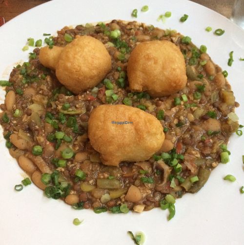 vegan chili with fried bread at Legume Kitchen & Bar in Fredericksburg