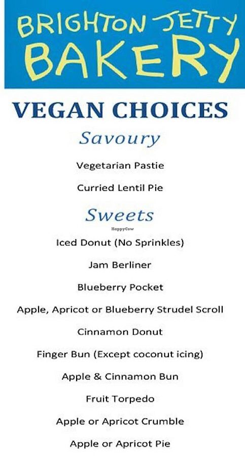 Vegan menu at Brighton Jetty Bakery in Brighton