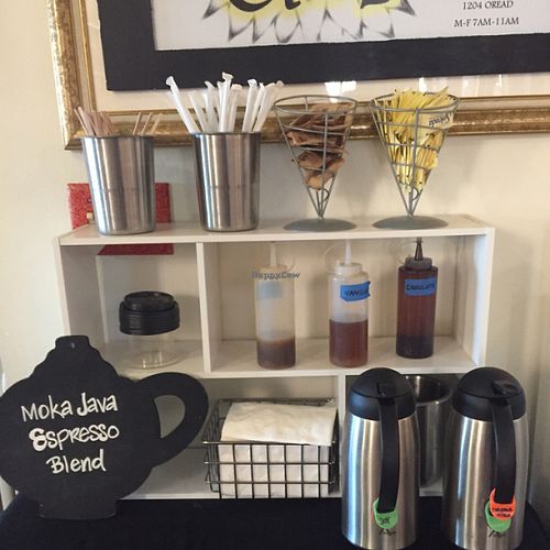 coffee bar including specialty syrups ! at The Breakfast Club in Lawrence