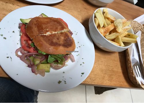 Vegetarian sandwich without cheese plus chips at Puka Rumi in Ollantaytambo