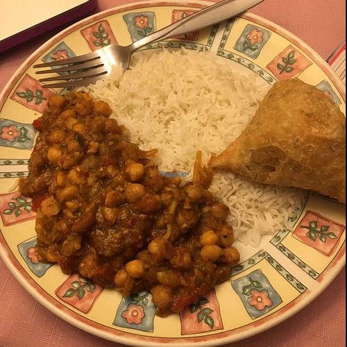 Channa masala and vegetable samosas! So delicious! at Manjal Indian Fusion in Fair Lawn