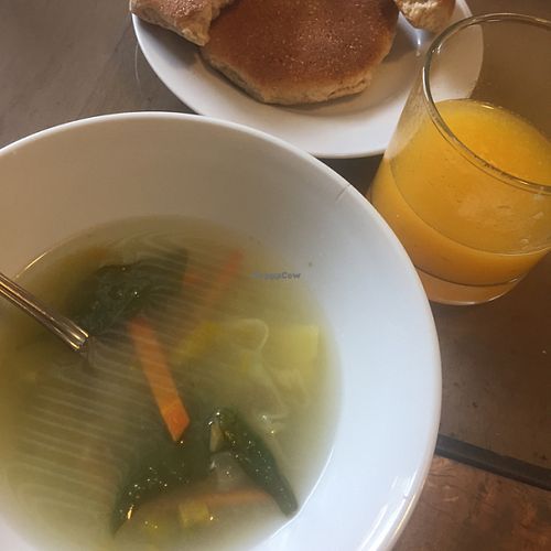 vegan soup, juice, bread  at Amores Brujos in Urubamba