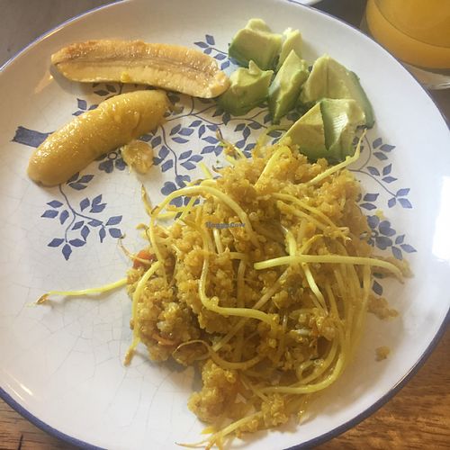 curry quinoa, avo and fried banana at Amores Brujos in Urubamba