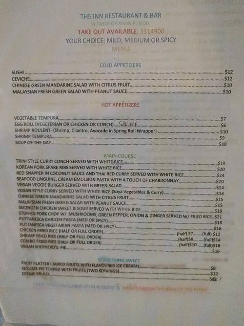 Menu at The Grand Turk Inn Restaurant in Grand Turk