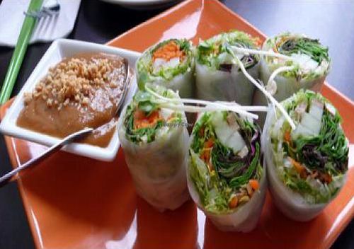 Wummer rolls: baked tofu and fresh vegetables wrapped in clear wrappers, served with vietnamese dip. at Bulan Thai Vegetarian Kitchen - Melrose in Los Angeles