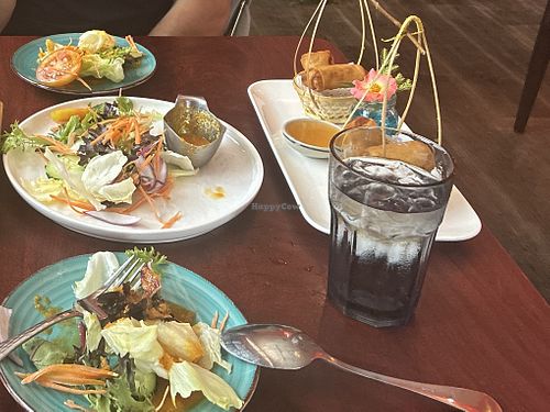 Thaï salad with ginger dressing and vegetable spring rolls  at Aticha Thai Cuisine in Williamsburg